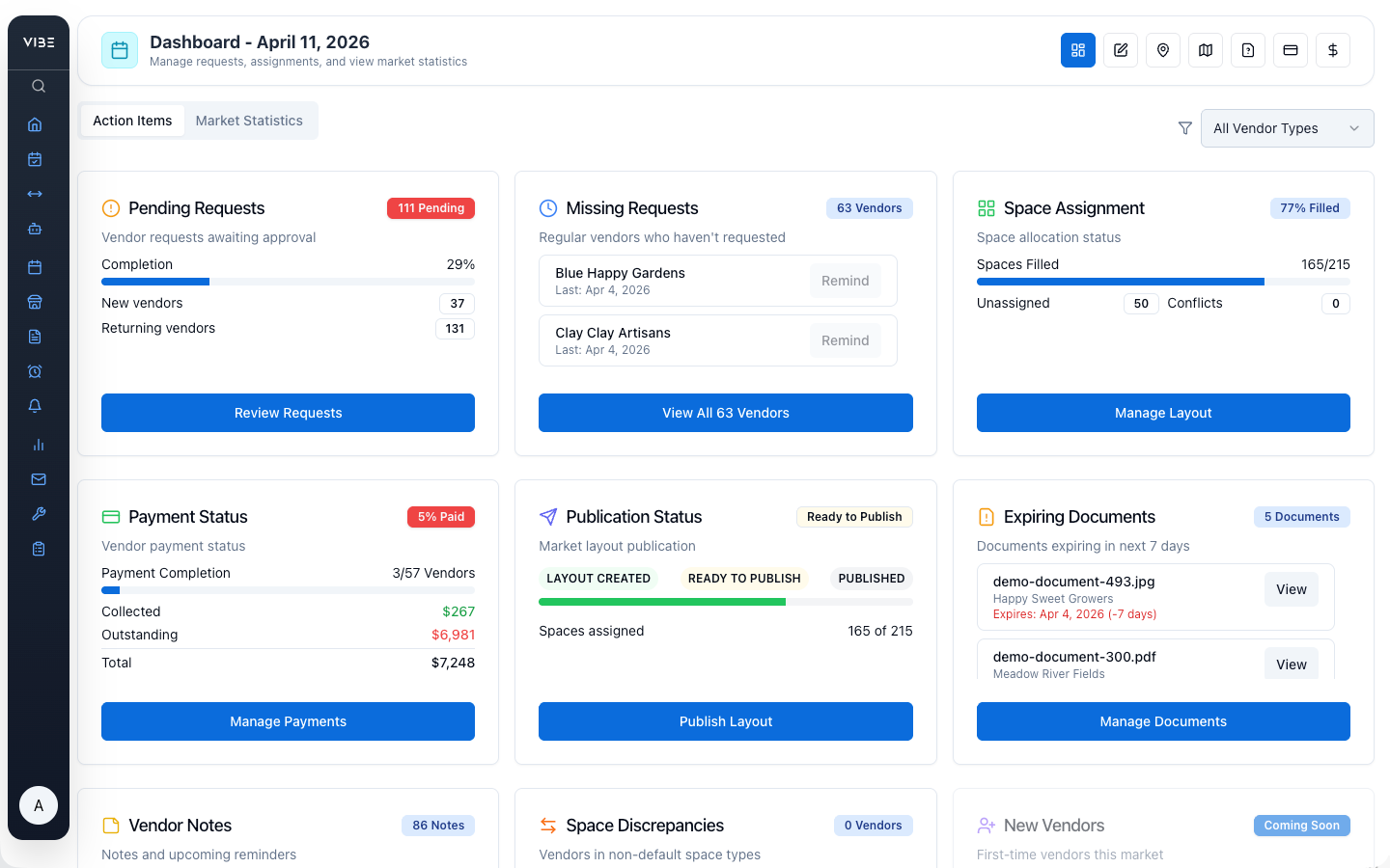 VIBEpro organizer dashboard showing KPIs, upcoming alerts, and pending approvals