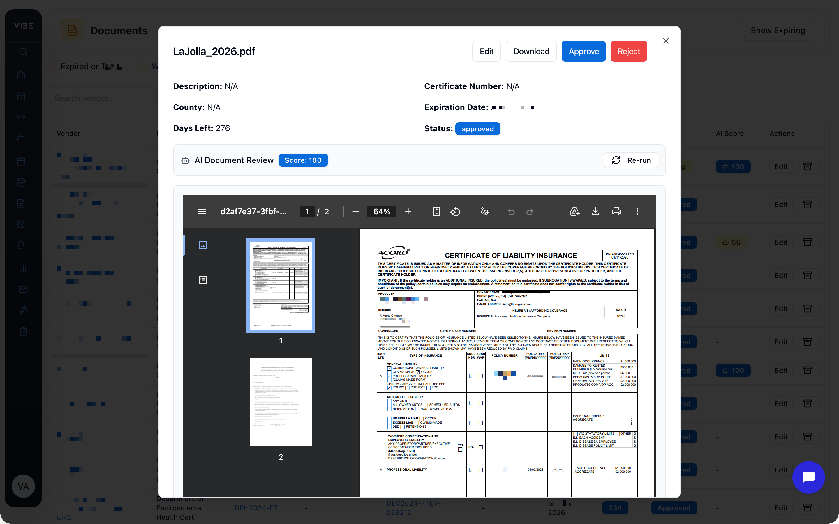 VIBEpro in-browser PDF preview of a vendor document
