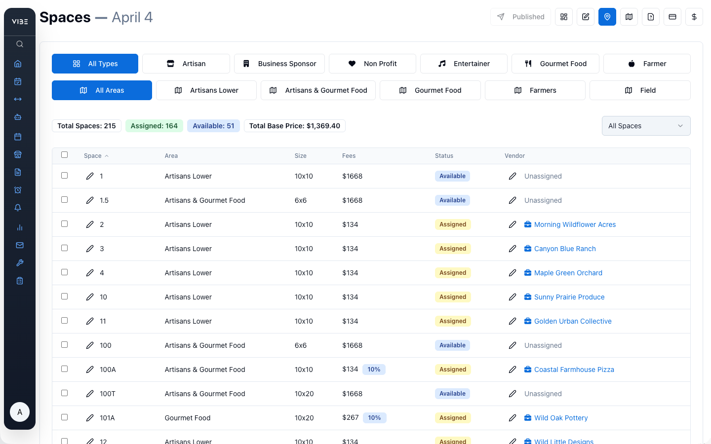 VIBEpro per-market-date space listing