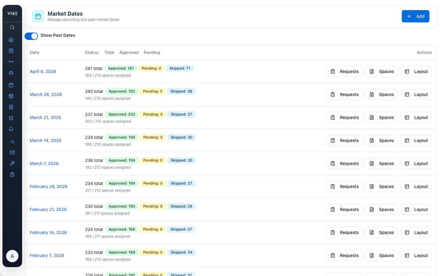VIBEpro market dates scheduling view