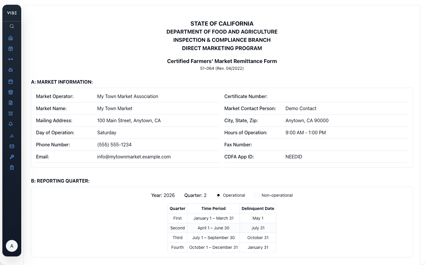VIBEpro California certified farmers market remittance form