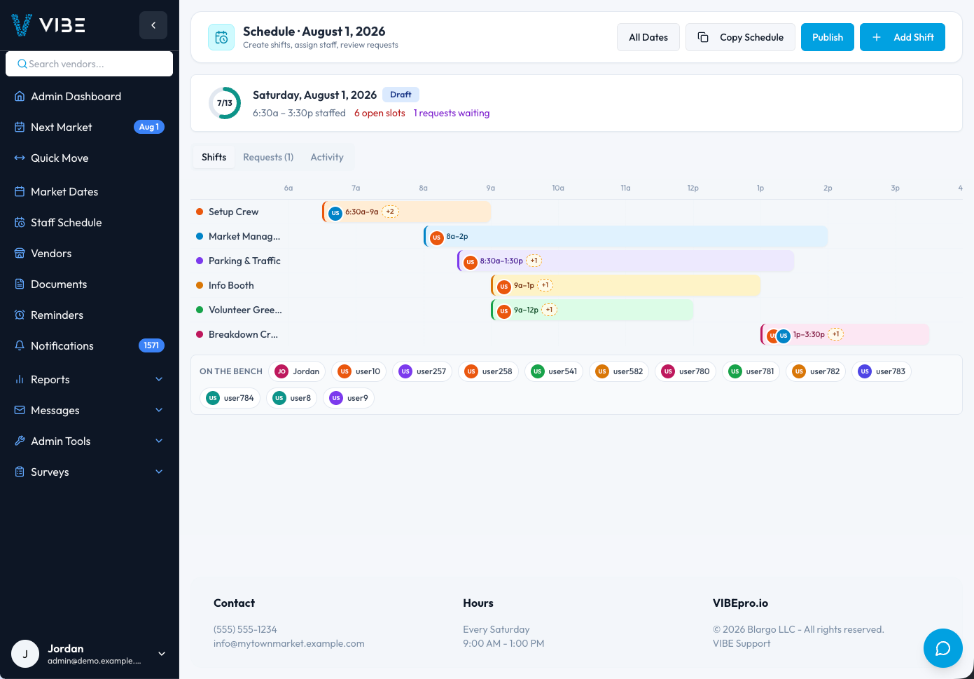 VIBEpro staff and volunteer shift schedule timeline for a market date