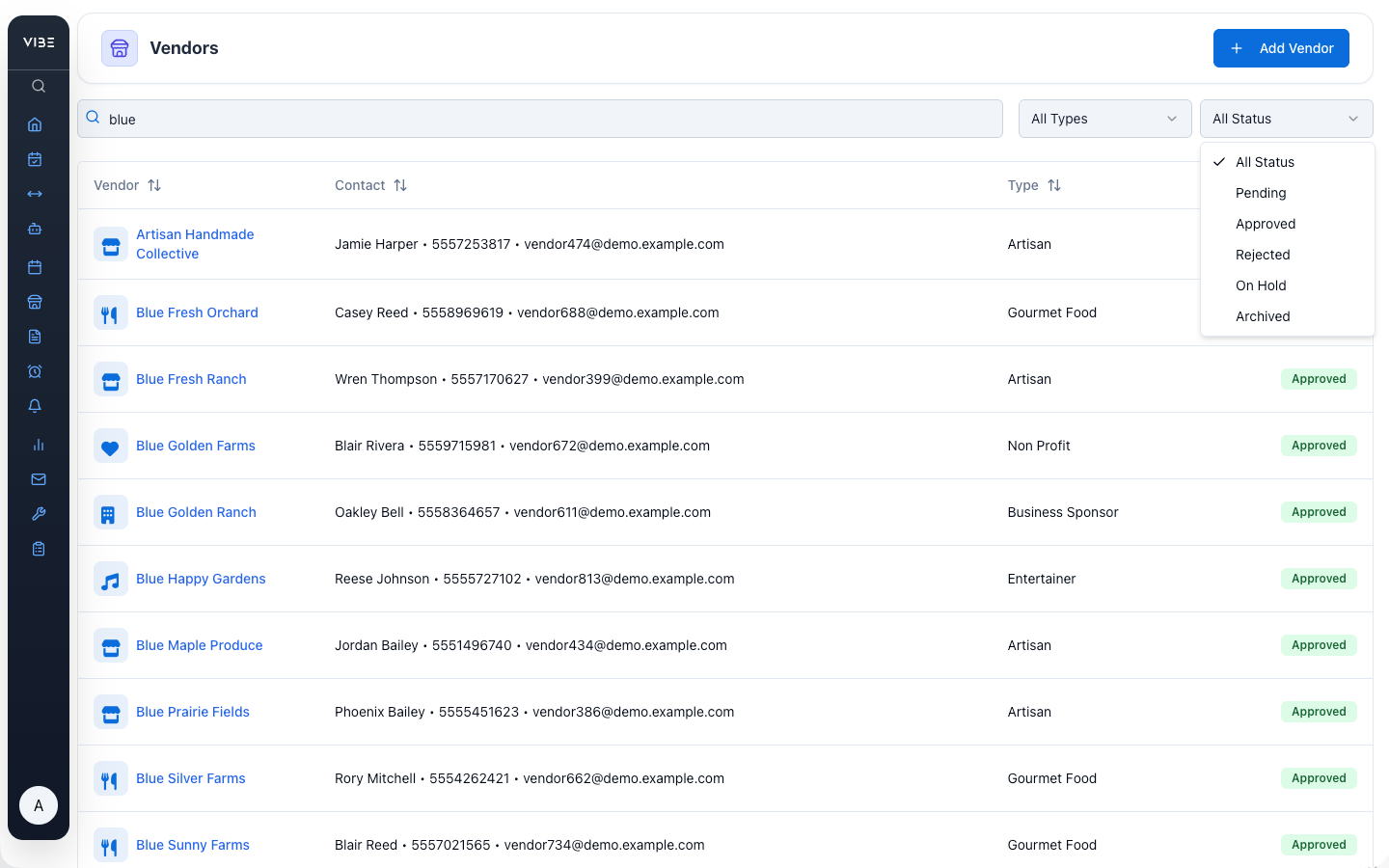 VIBEpro vendor list with multi-filter interface