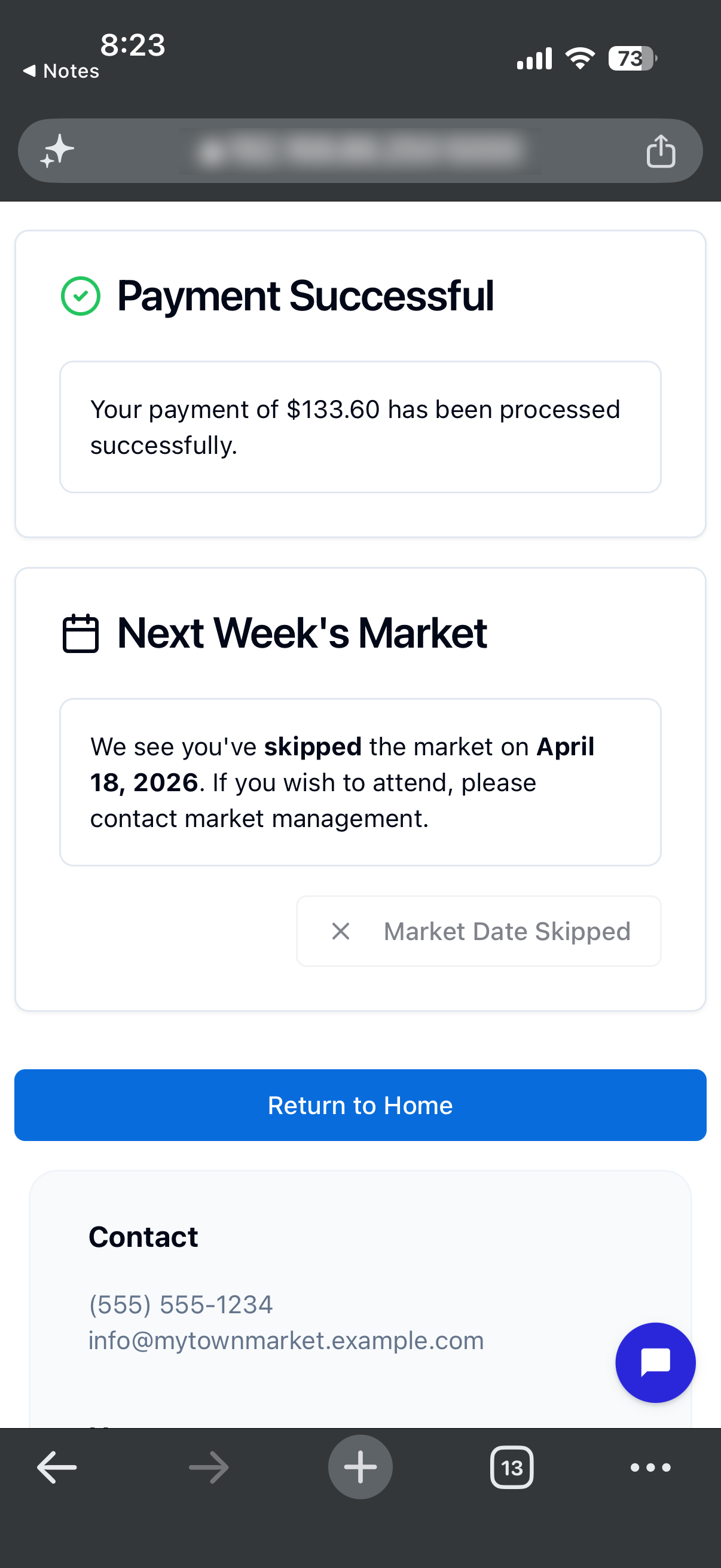 VIBEpro vendor mobile payment confirmation screen