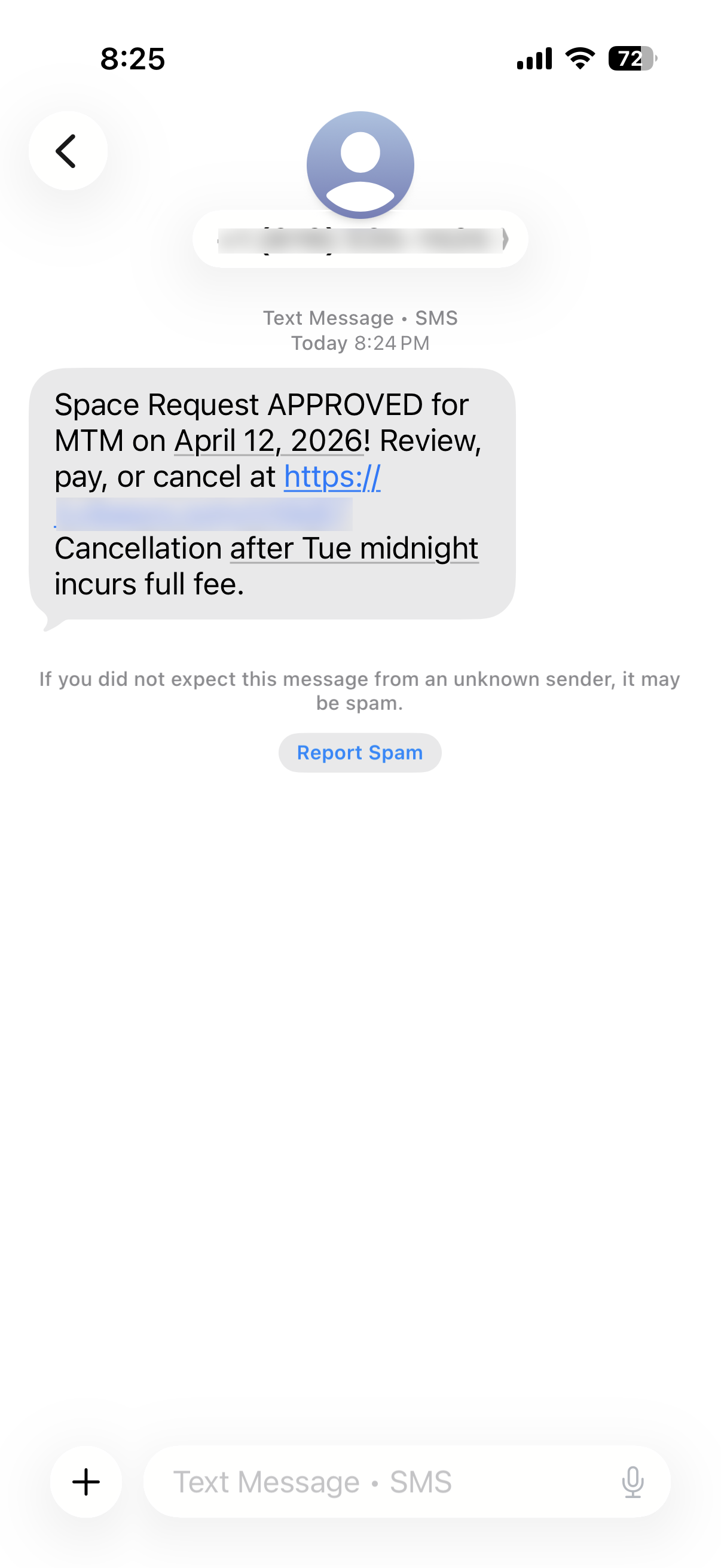 Text message notifying vendor that a payment is due after their space request was approved