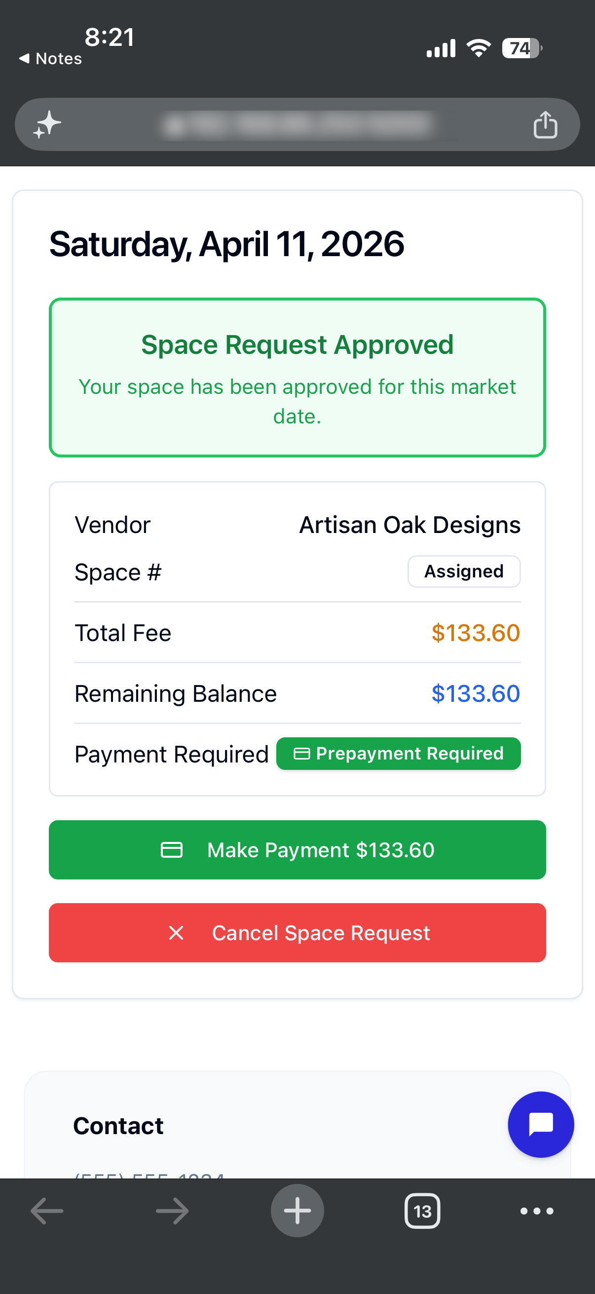 VIBEpro vendor mobile payment screen with Stripe checkout
