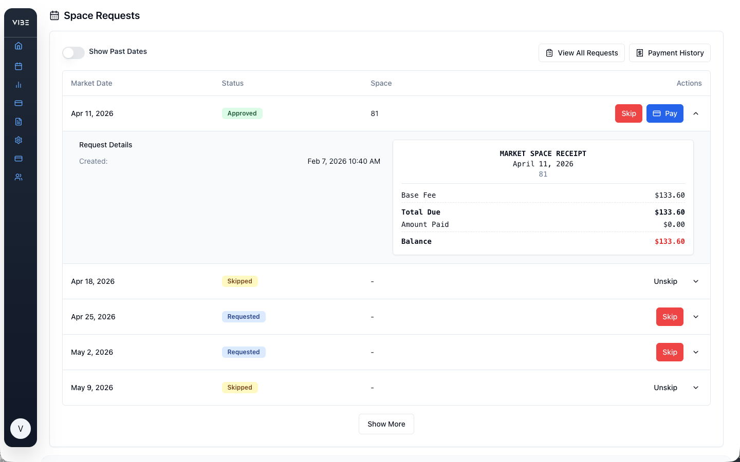 VIBEpro vendor portal market-date request flow
