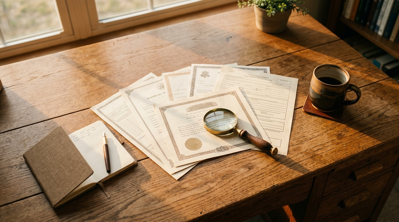 An overhead view of a wooden desk with paper certificates fanned out, a brass magnifying glass, and a coffee mug in warm afternoon light.