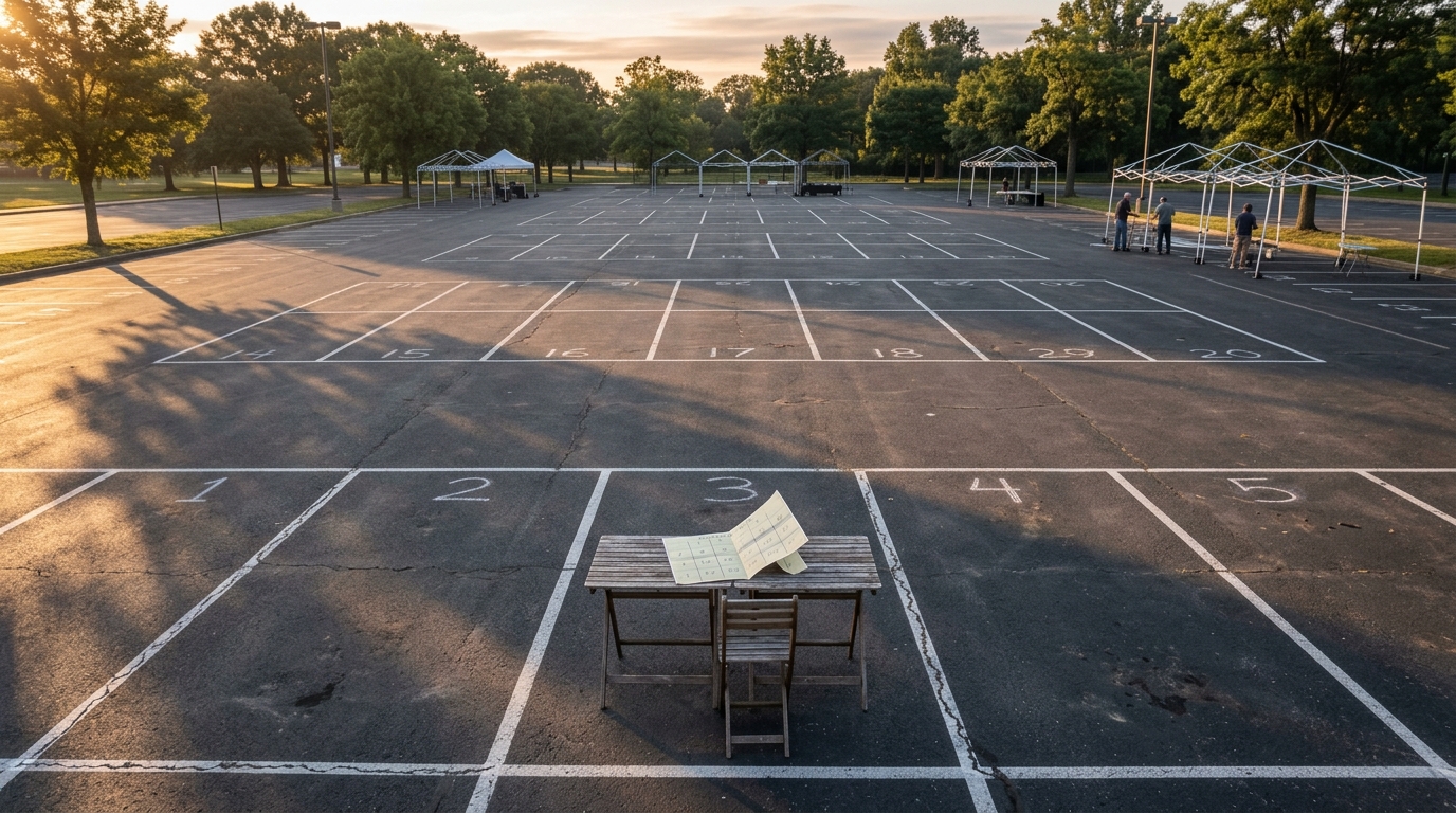An empty market grid at sunrise, canopy frames in the distance and a folded map on a folding table.