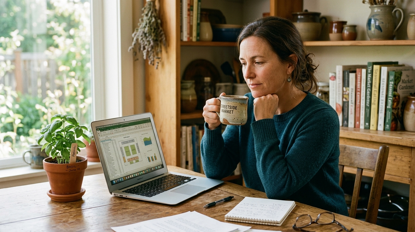 A market manager evaluating software options at a kitchen table with a laptop and coffee.
