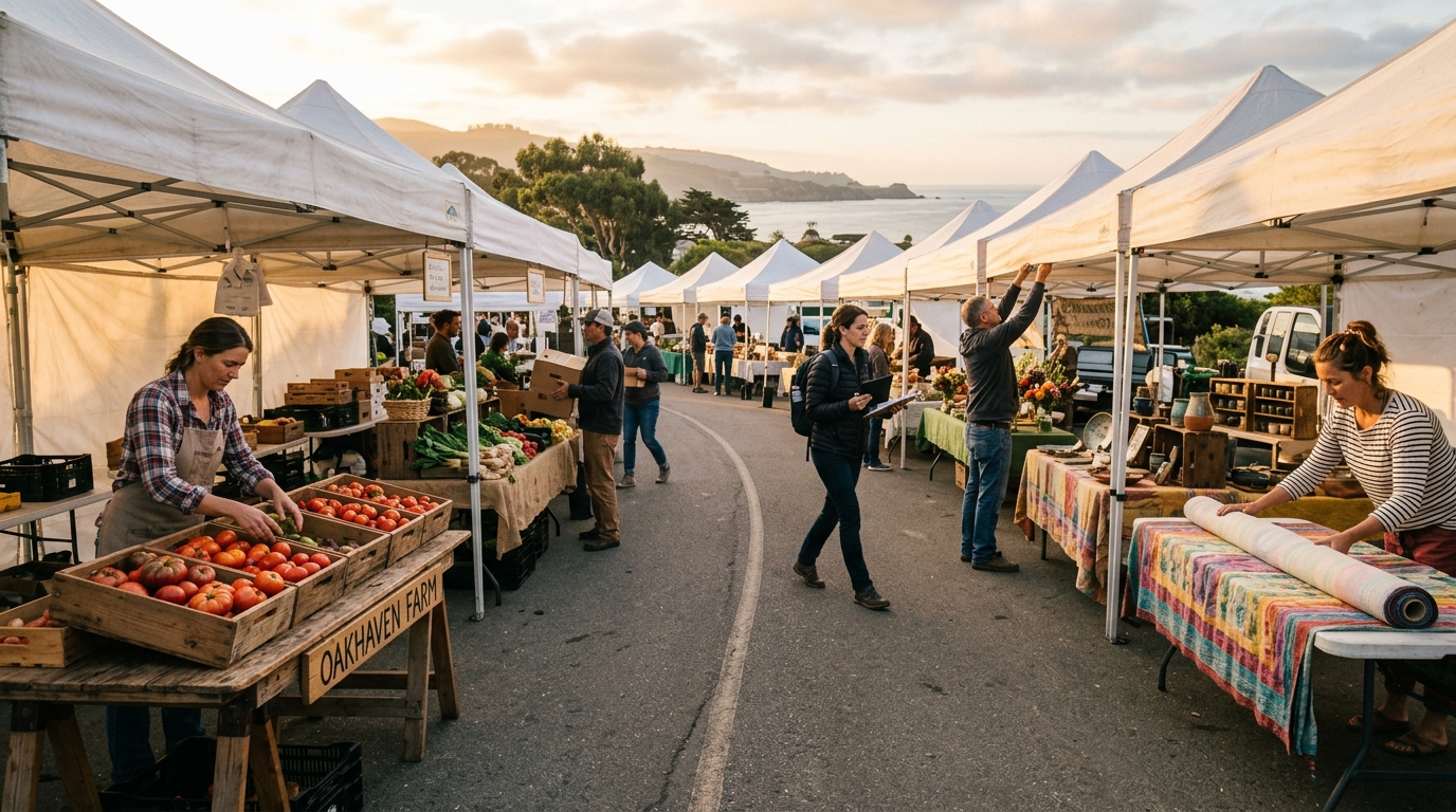 A market manager walking between vendor tents early on market morning