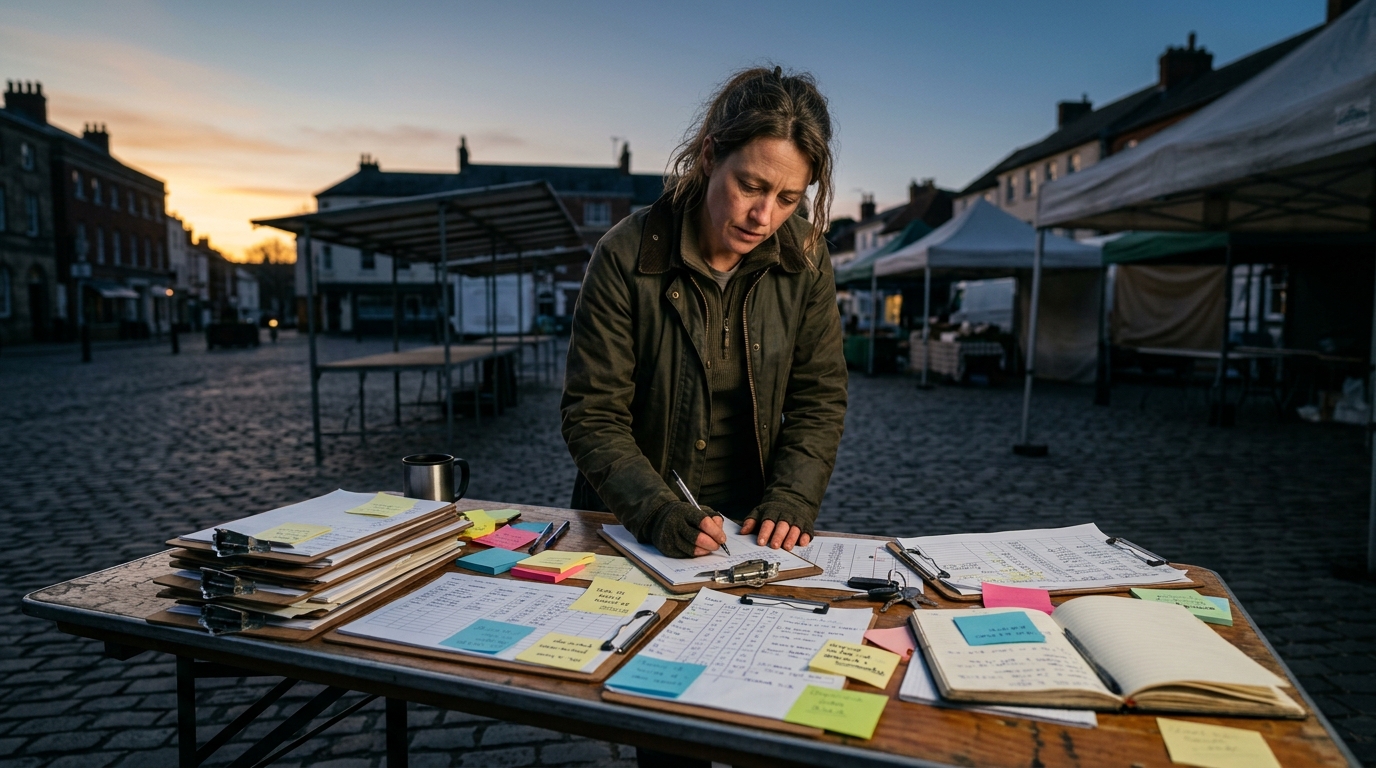 A market manager surrounded by clipboards, printed forms, and sticky notes in pre-dawn light.