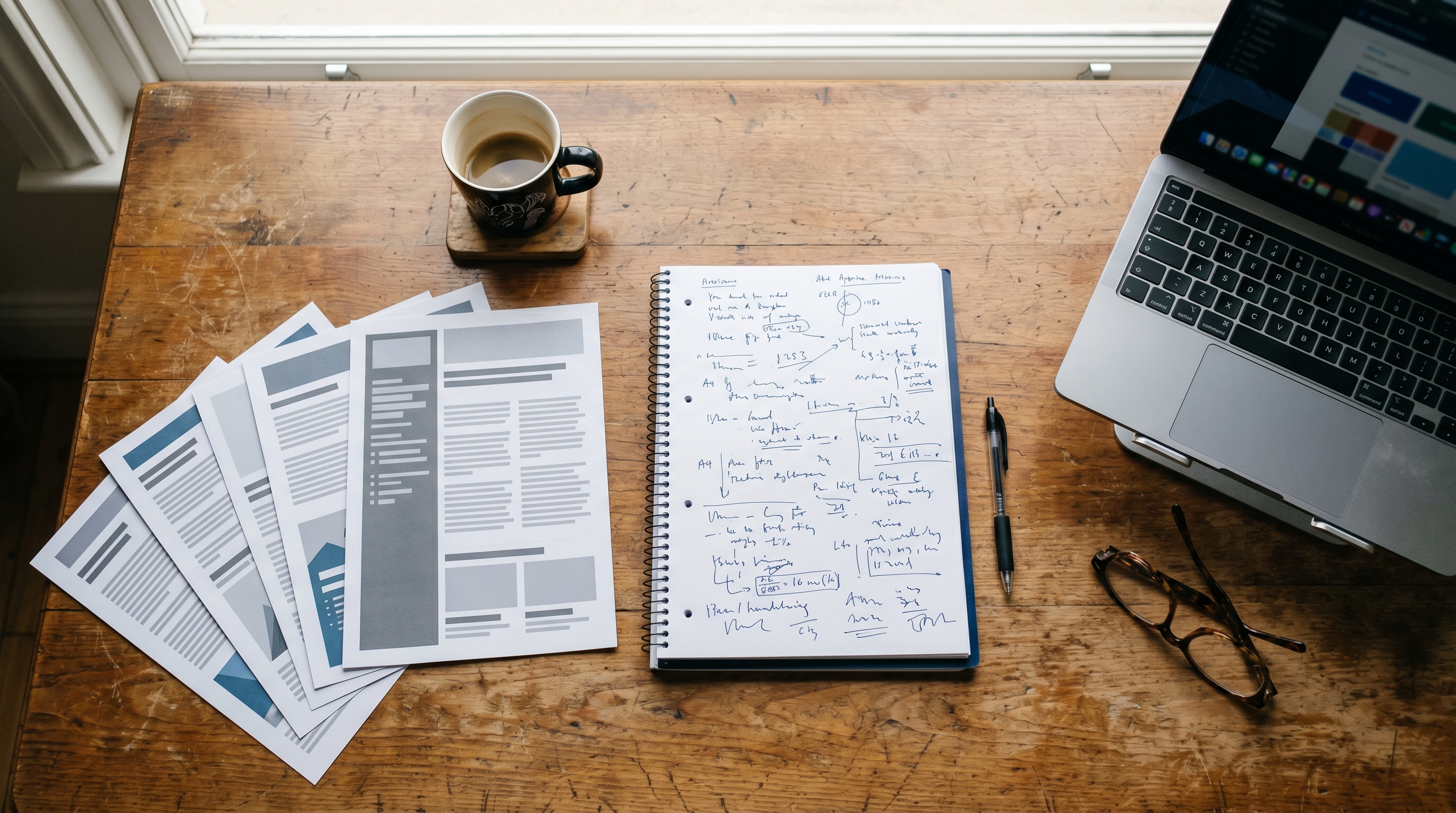 A wooden desk with notebooks, pamphlets, and an open laptop in soft morning light, decision-making energy.